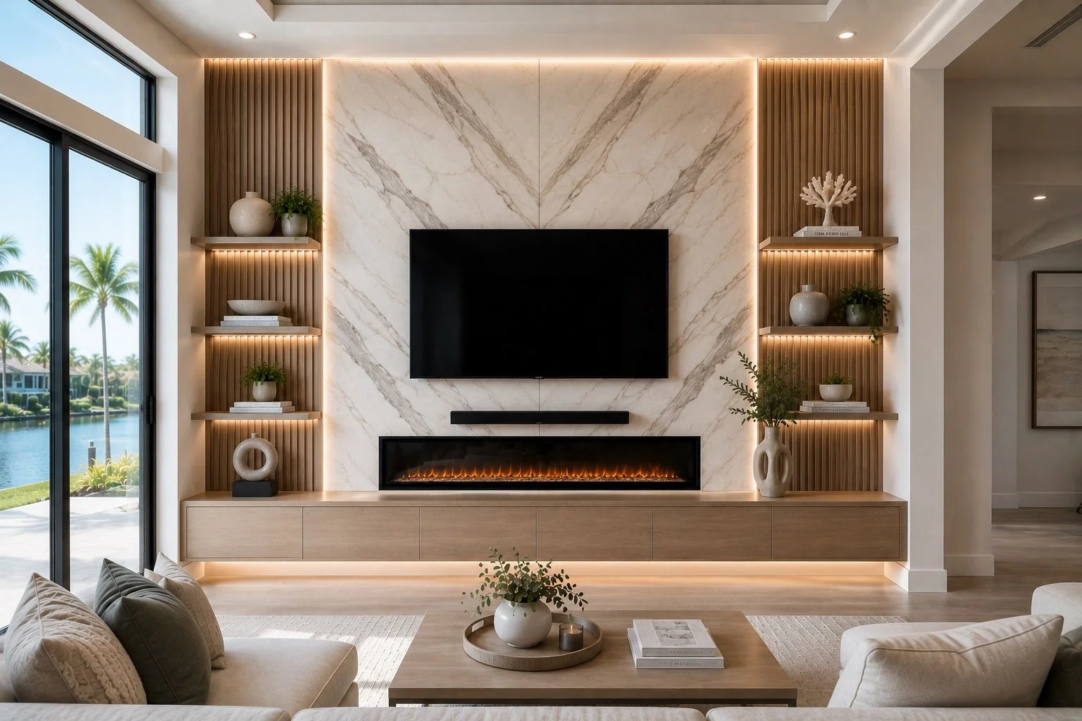 Luxury stone media wall with bookmatched marble slab, fireplace, and LED lighting in Florida home