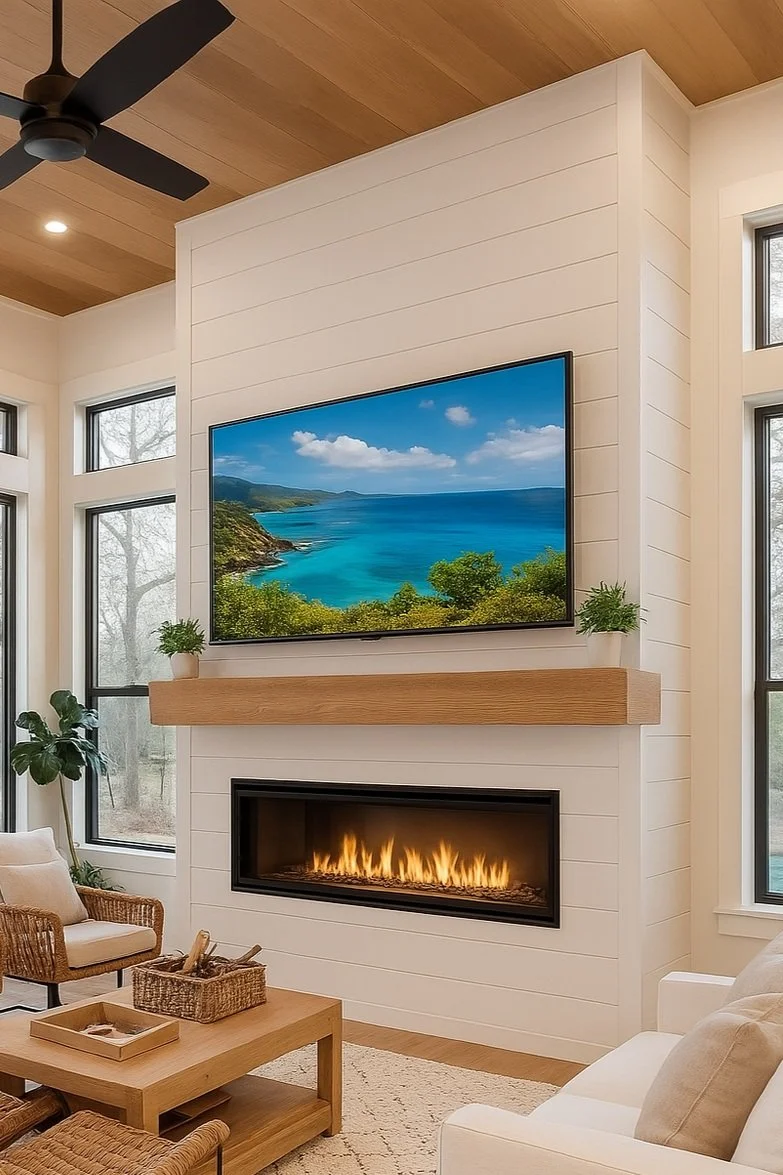 Living room with a wall-mounted TV displaying a coastal landscape, a modern fireplace below, light wood accents, large windows, and cozy seating.