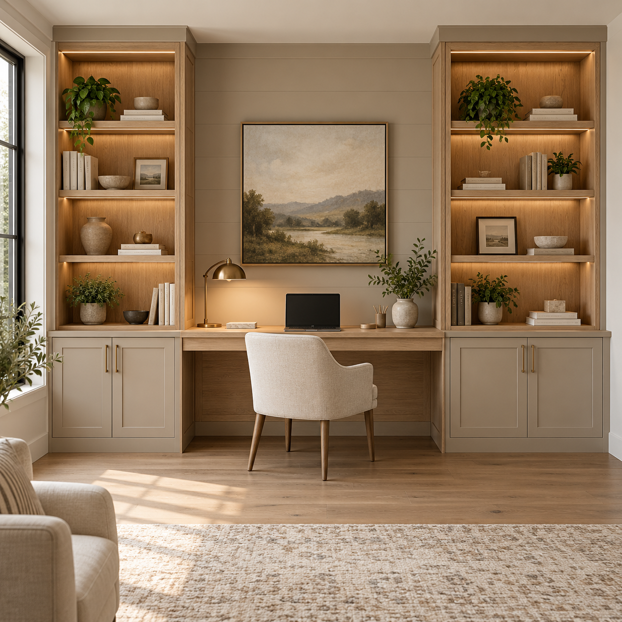 Home office with built-in shelves, a desk with a beige chair, a tablet, a lamp, and decorative items, with a landscape painting on the wall and sunlight coming through a window.