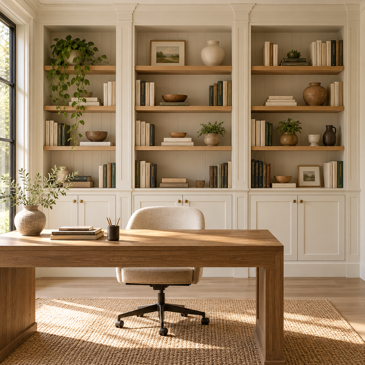 White built-in cabinets with oak shelves and closed storage in a home office.
