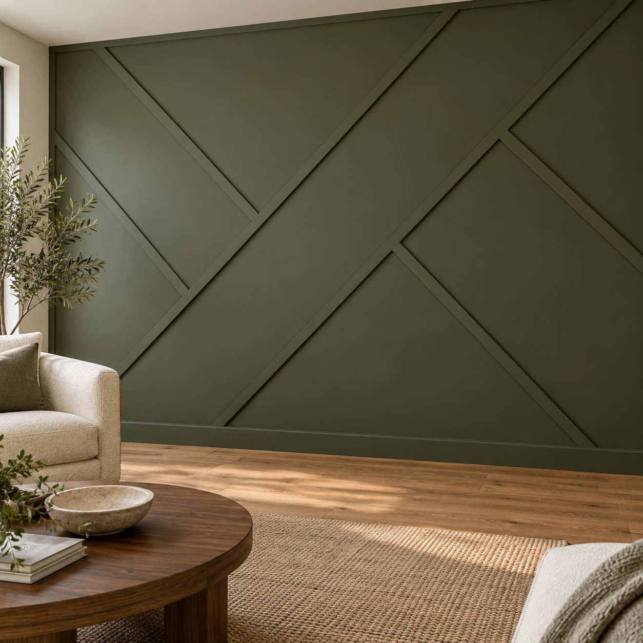Olive green geometric accent wall with diagonal trim in a contemporary living room.