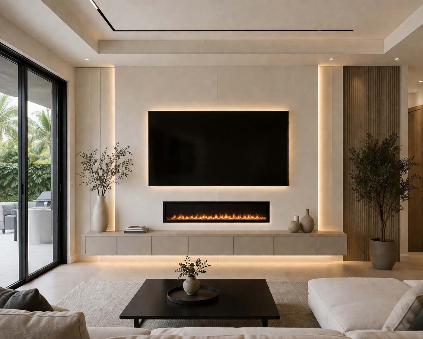 Modern living room with a large flat-screen TV, electric fireplace, and minimal decor, including potted plants and vases, with natural light coming through sliding glass doors to an outdoor patio.