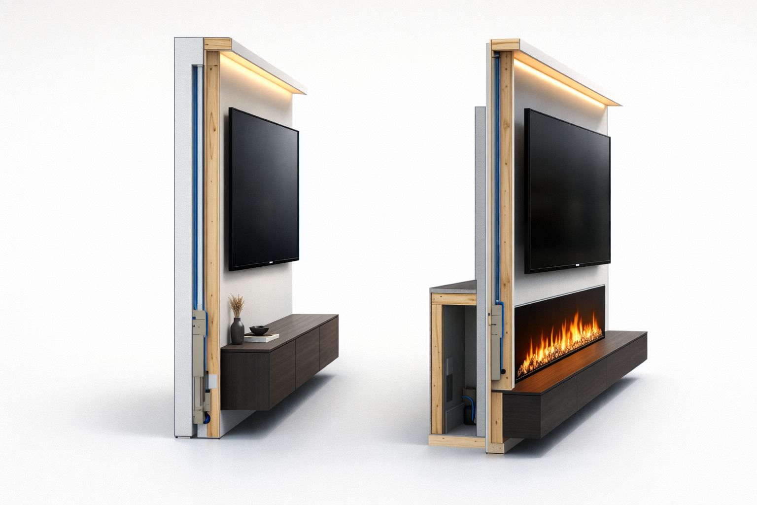 Slim TV wall versus fireplace build-out depth comparison.