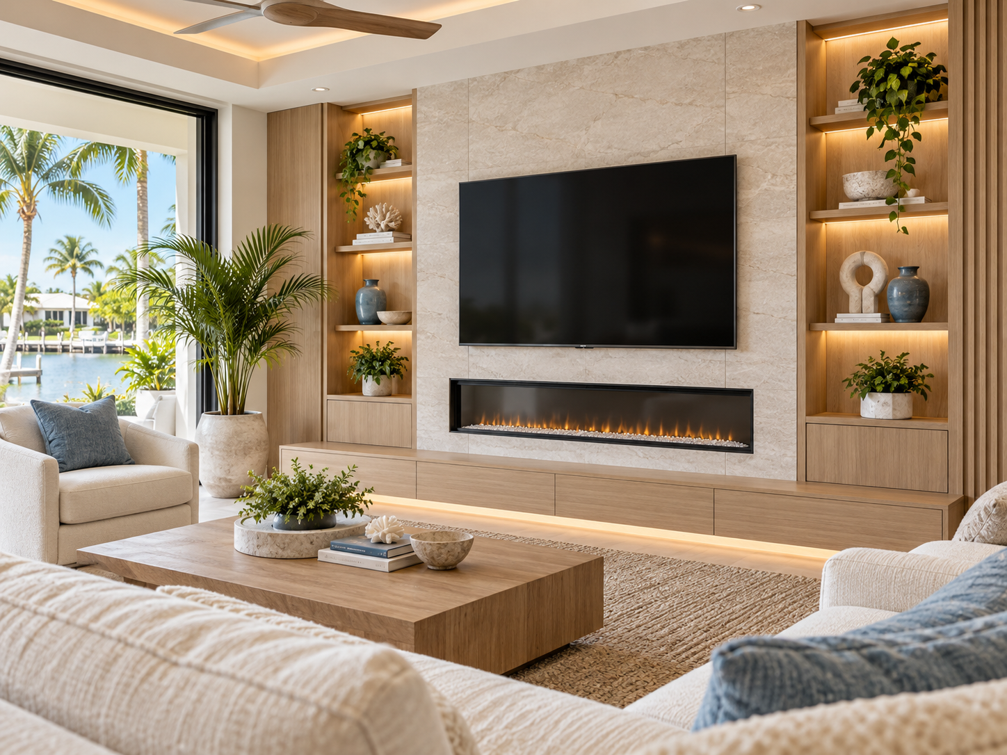 Living room with a large flat-screen TV above an electric fireplace, beige sofa, wooden coffee table, and large window showing a tropical waterway with palm trees.