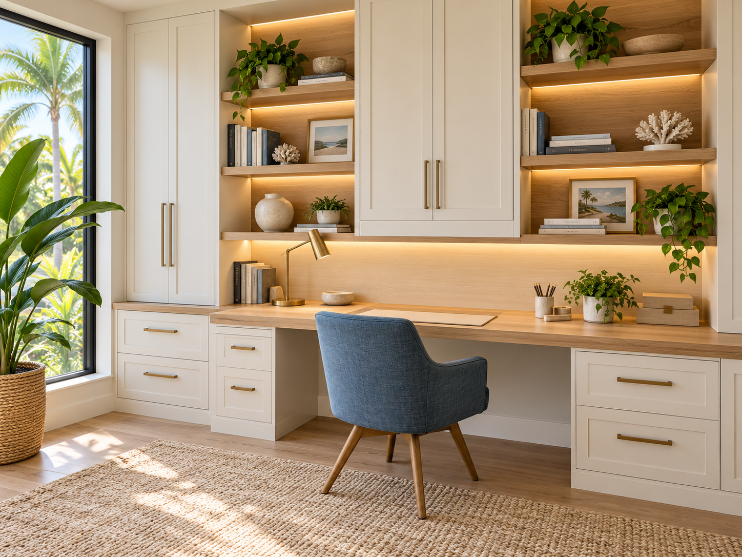 Home office with built-in white cabinetry and open wooden shelves decorated with plants, books, and framed pictures. A desk with a gold desk lamp and a blue chair sits near a large window with a view of greenery and palm trees. A woven rug covers the light wood floor.