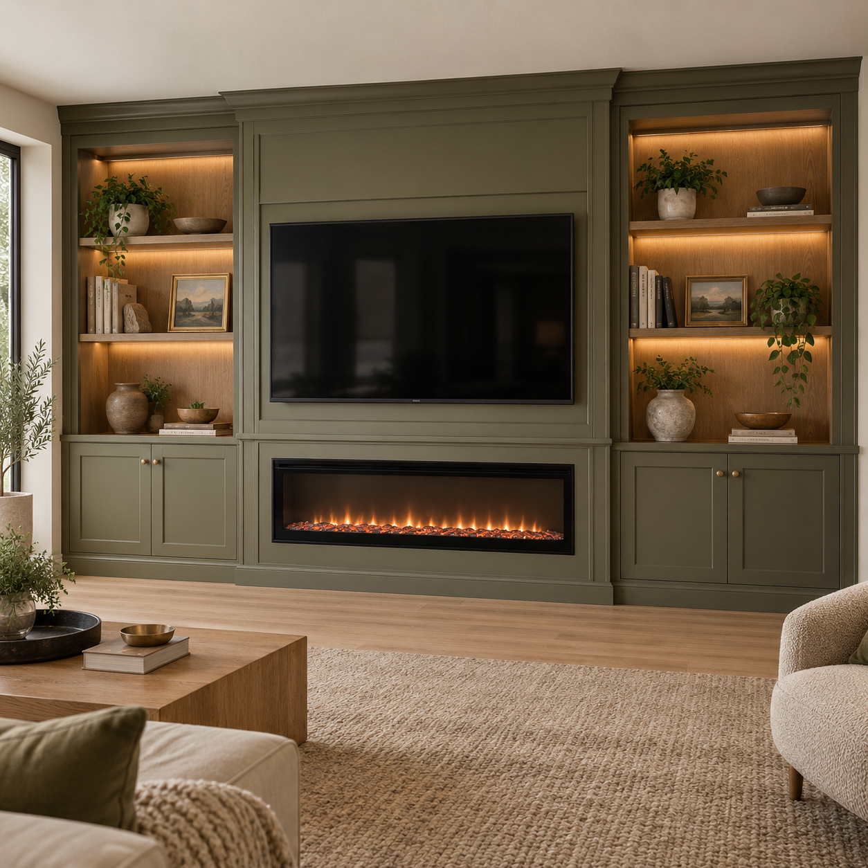 Living room with built-in green cabinetry, a mounted flat-screen TV, and an electric fireplace under the TV. Decor includes potted plants, books, framed artwork, and decorative bowls, with natural light coming from a window on the left.
