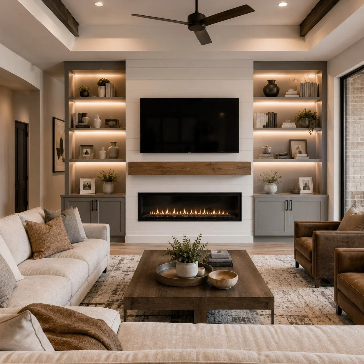 Contemporary Houston family room with a custom fireplace wall, painted built-in cabinetry, integrated shelving, floating wood mantel, and warm LED lighting.
