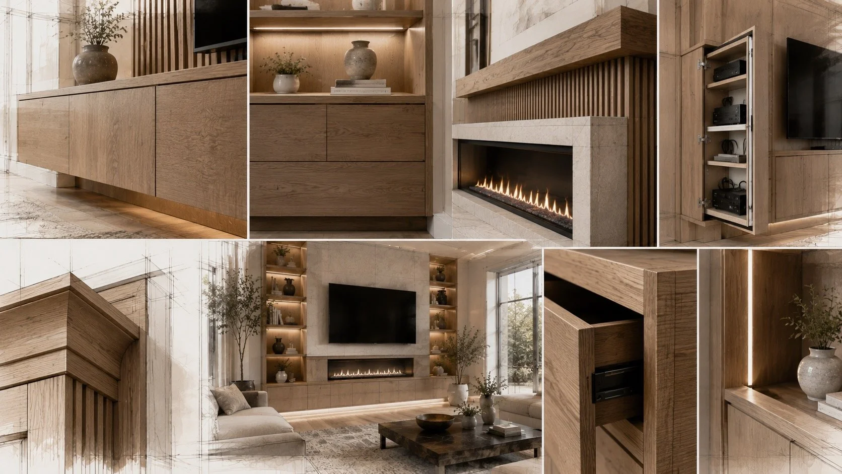 Modern living room with wooden cabinetry, built-in fireplace, TV mounted on wall, and decorative plants