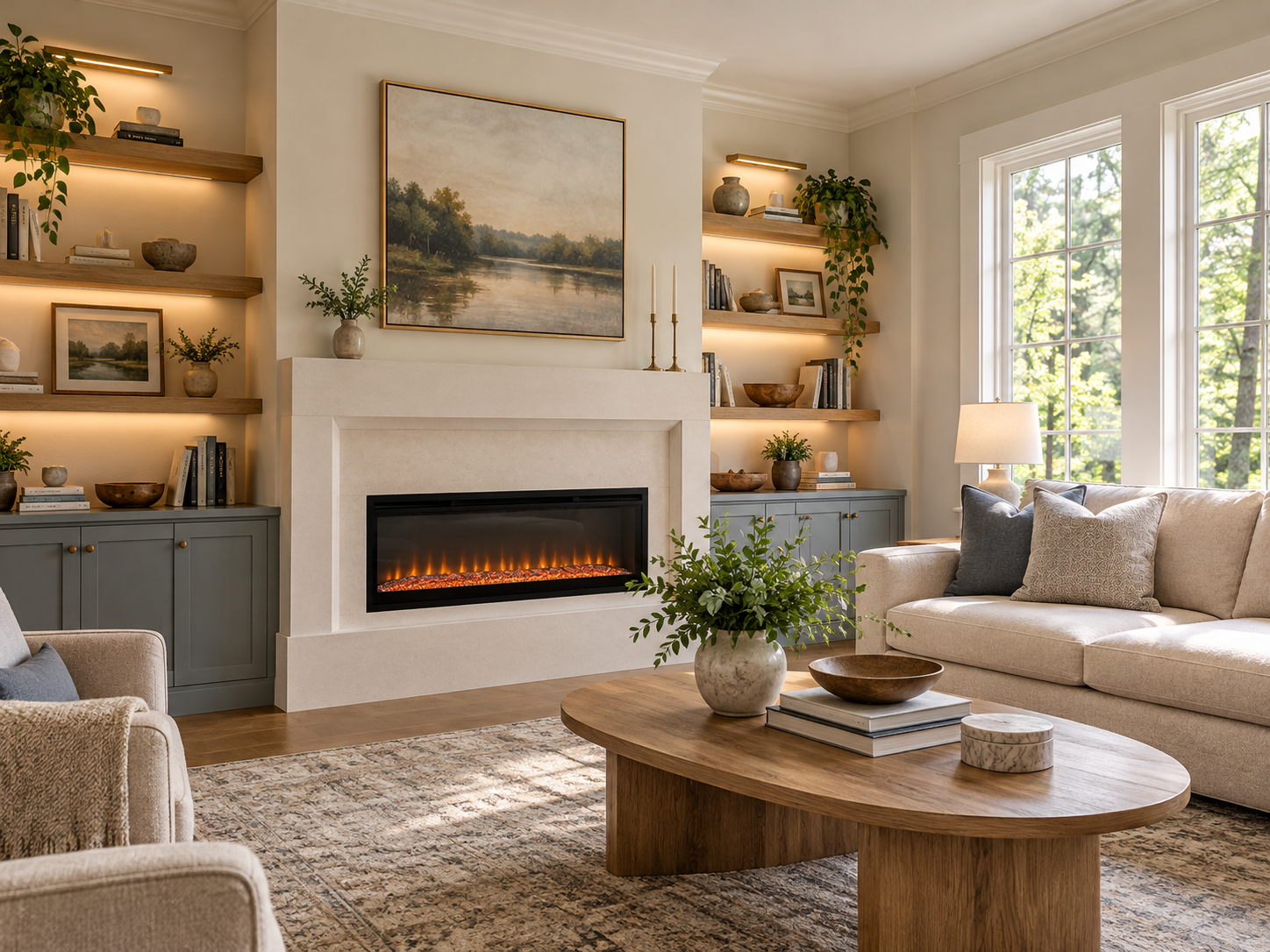 Living room with a fireplace, built-in shelves, a painting, a beige sofa with pillows, a wooden coffee table with decorative items, and a large window with trees outside.