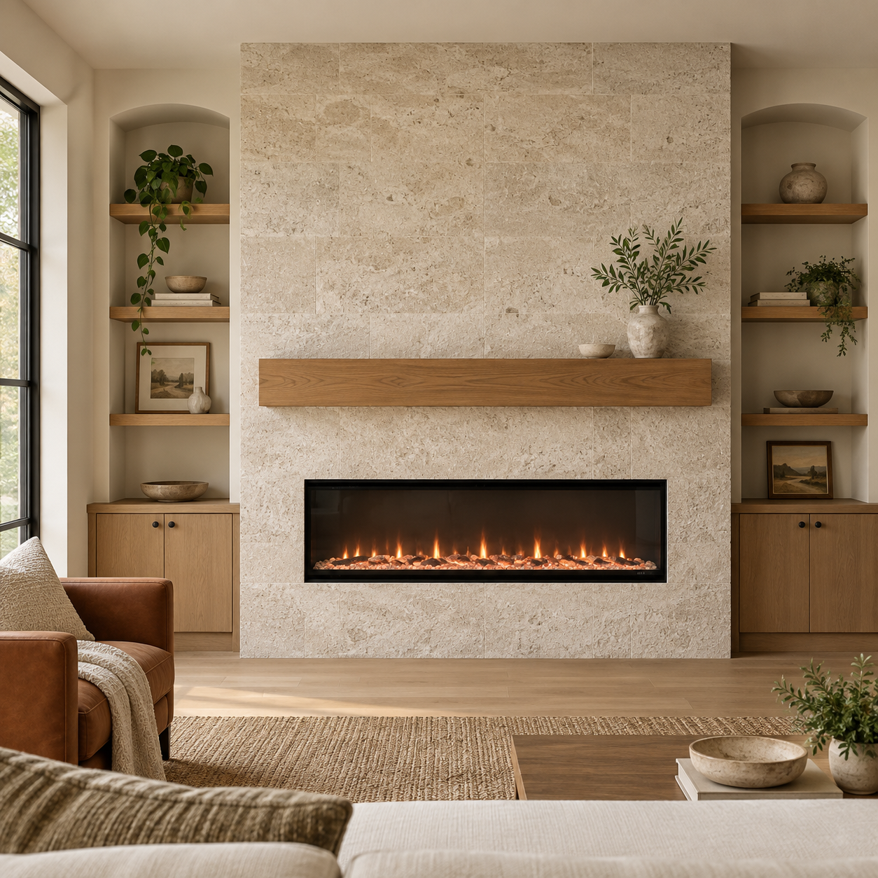 Living room with a modern fireplace set into a beige stone wall, flanked by built-in shelves with decorative items and framed artwork, illuminated by natural light from a nearby window.