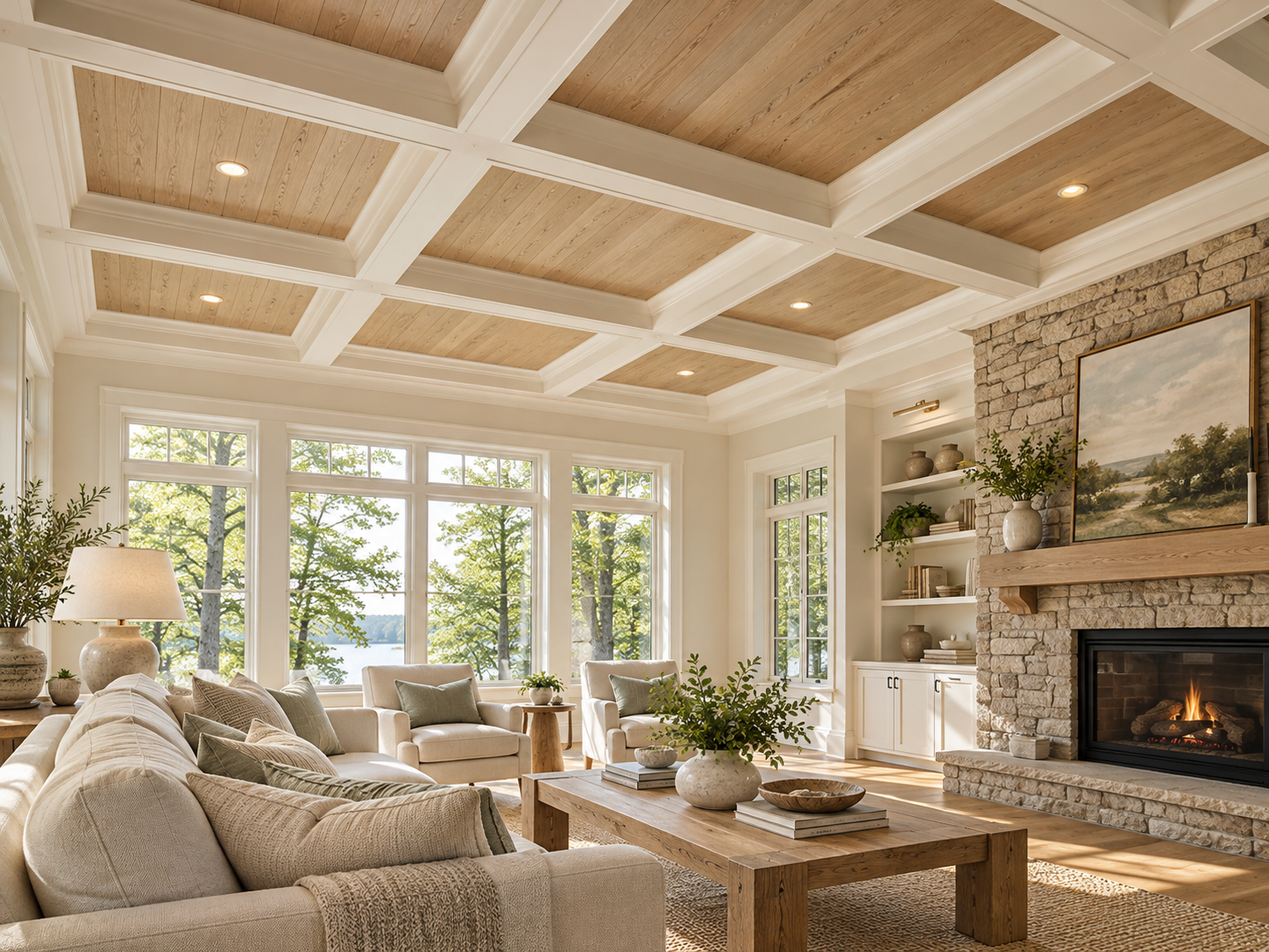 Bright living room with large windows showing trees and water outside, featuring a stone fireplace, white built-in shelves, and neutral-colored furniture with pillows.