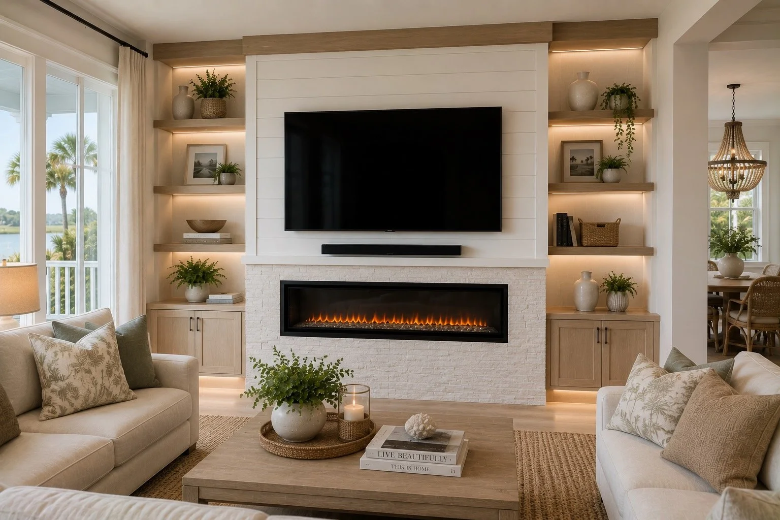 Coastal Charleston fireplace media wall with white oak and shiplap details