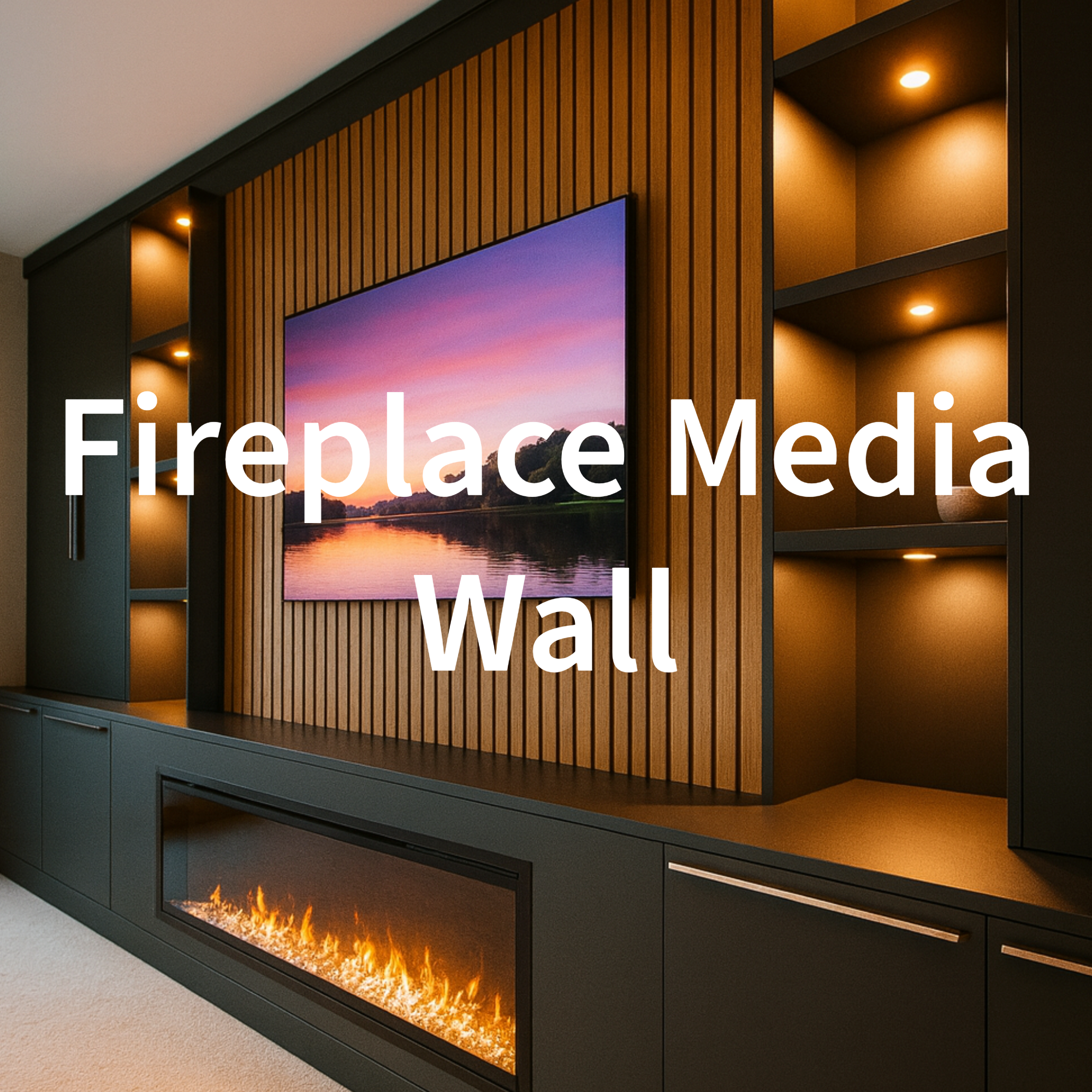 Modern living room with a built-in TV and electric fireplace, dark cabinets, and wooden paneling.