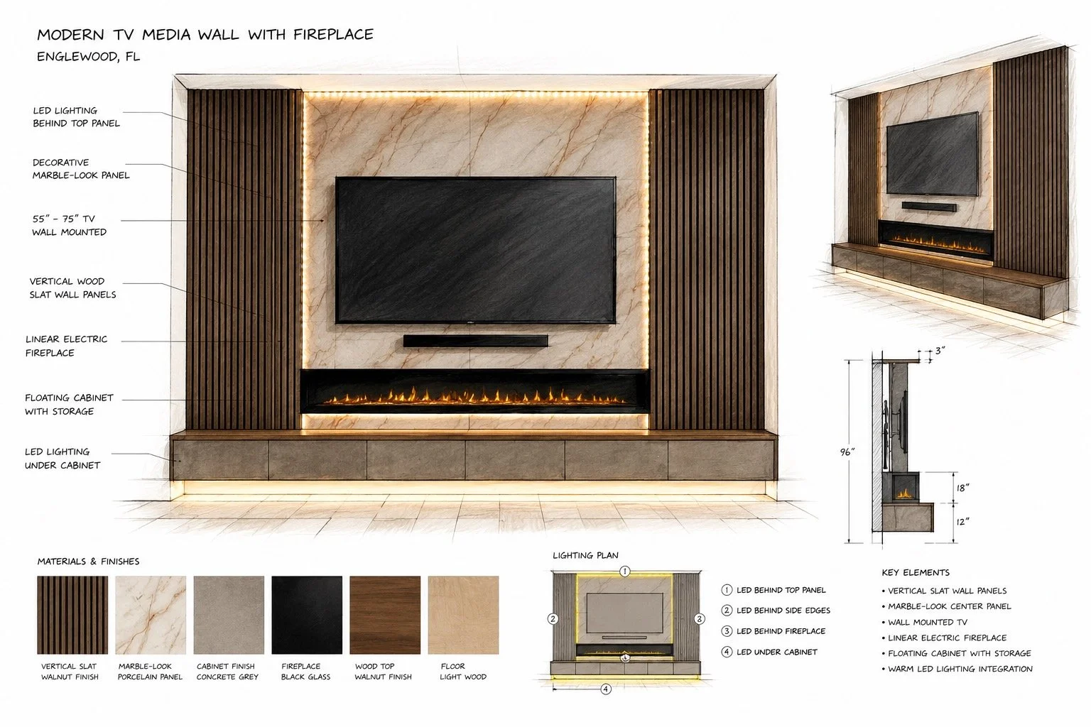Architectural sketch presentation of modern TV media wall with fireplace and slat wall panels in Englewood Florida