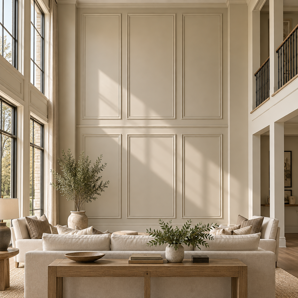 Bright living room with large windows, beige sofas, potted plants, wooden table, and tall decorative wall panels.