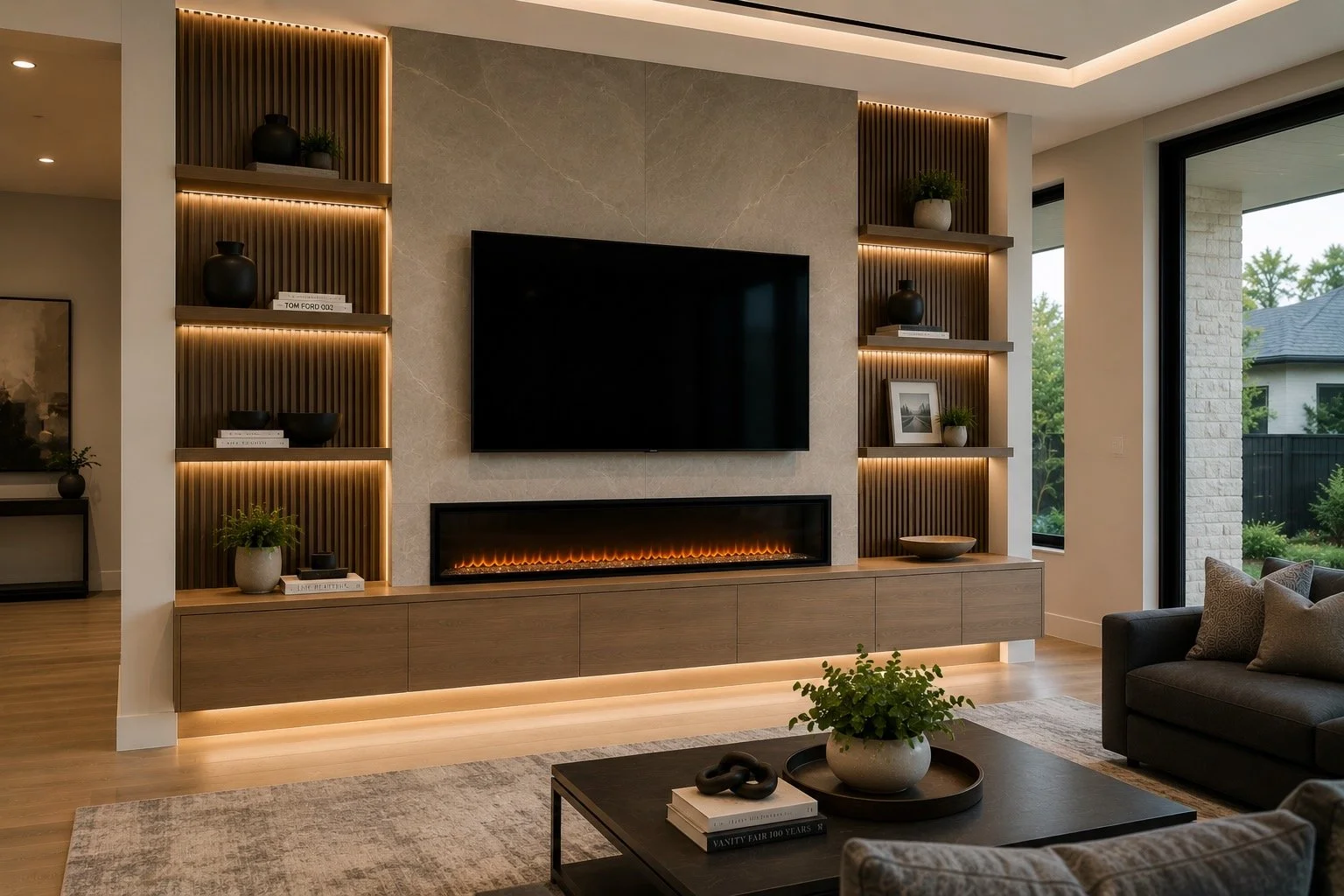 Contemporary media wall with fireplace, stone panels, floating cabinetry, and LED lighting in a modern Dallas home