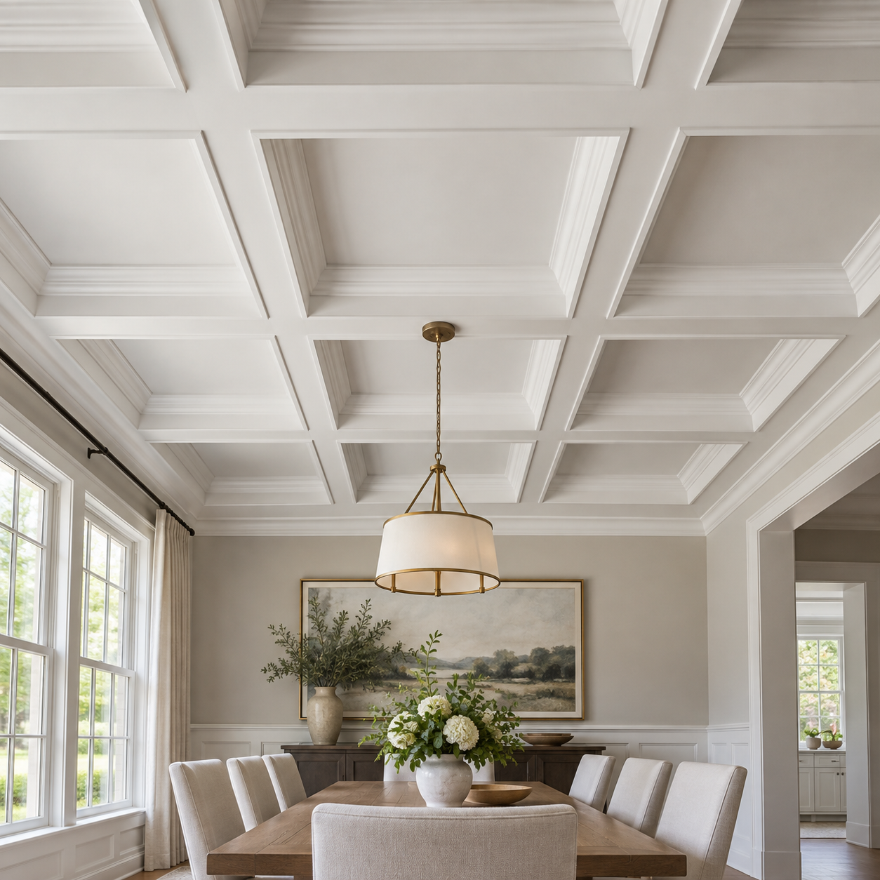 Bright dining room with coffered ceiling, beige chairs around a wooden table, a white pendant light, framed landscape painting, and a vase with greenery and white flowers.