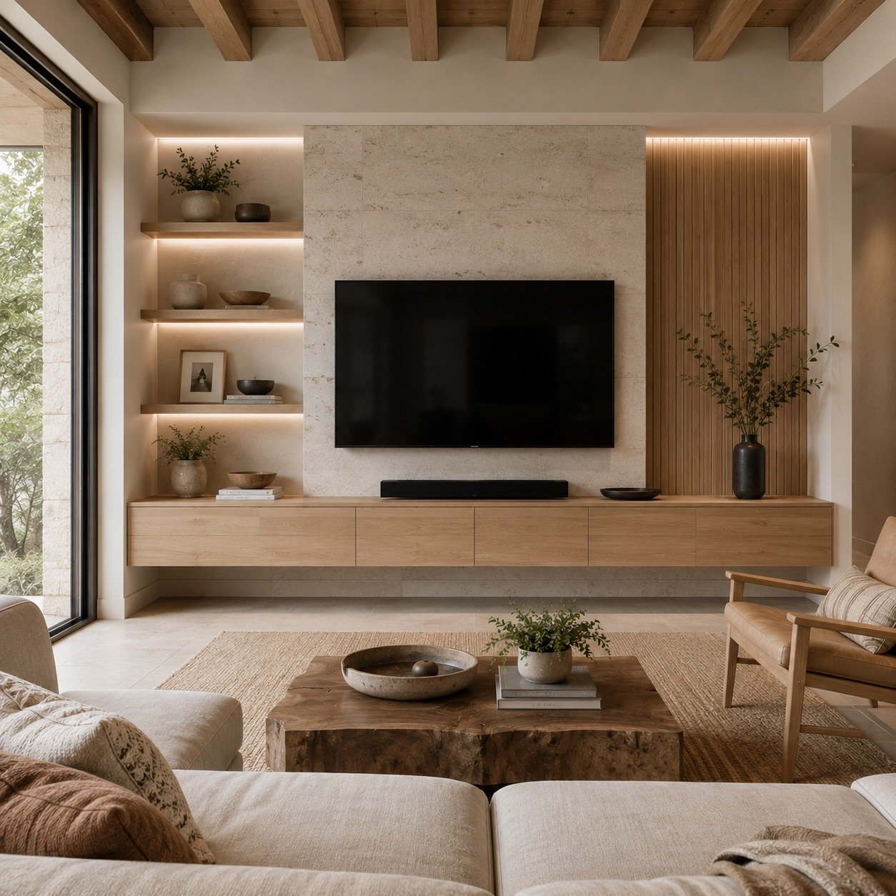 Minimalist Austin living room featuring a white oak built-in entertainment center, floating cabinetry, natural stone accents, open shelving, and contemporary organic design.