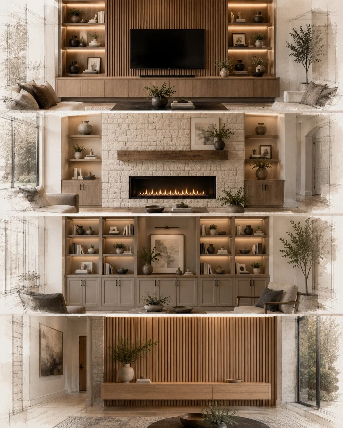 A collage of four interior living room designs, showcasing different styles of decor and fireplaces with built-in shelves and artwork.