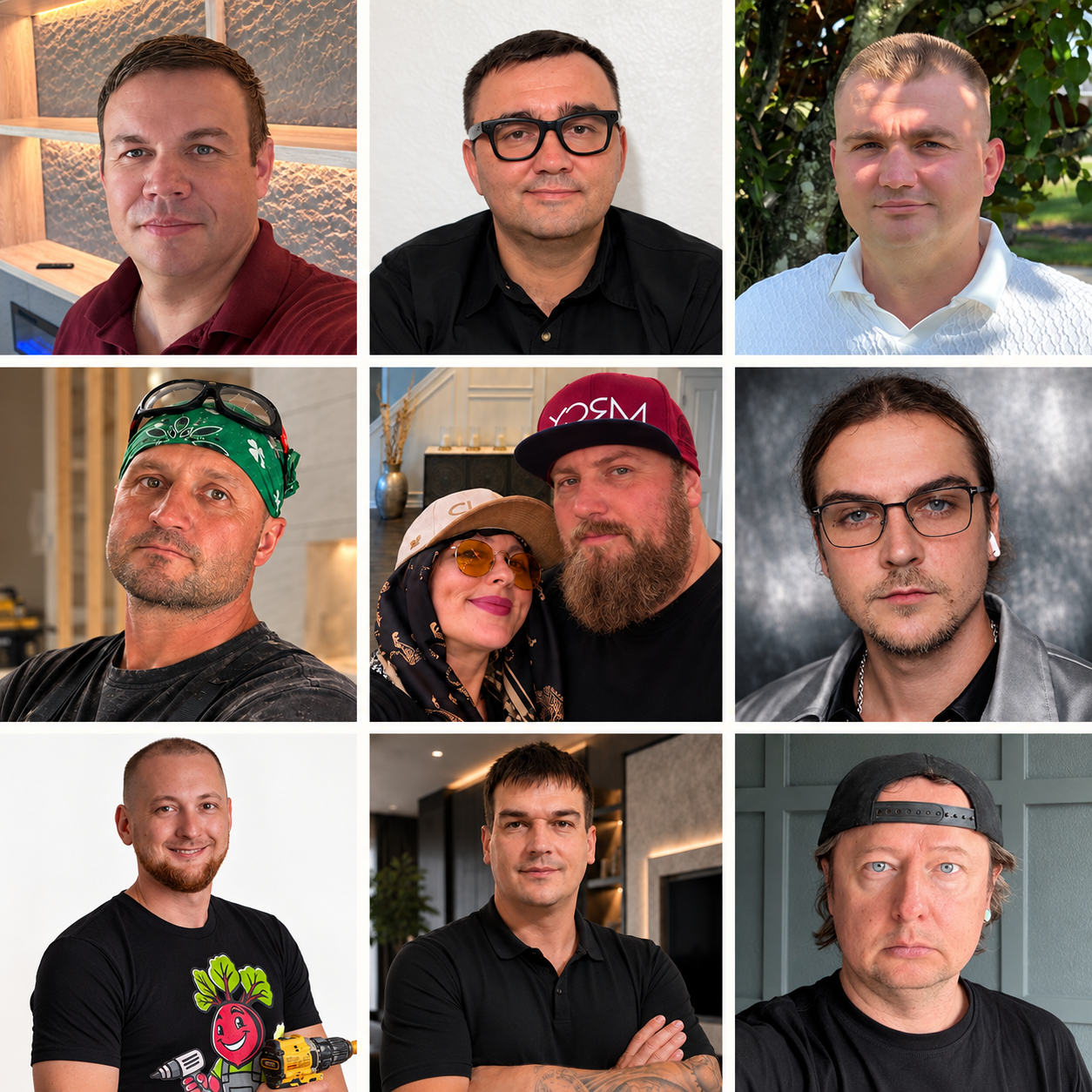 Collage of nine diverse individuals in various settings, some smiling, some serious, with different backgrounds and accessories, representing different personalities and styles.