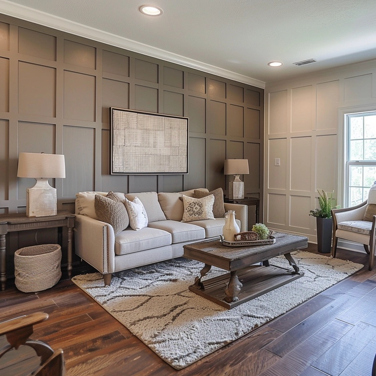 A warm, elegant board and batten accent wall painted in taupe adds depth and texture to this cozy living room. This timeless wall treatment enhances traditional and transitional interiors alike, offering an ideal balance between style and affordabili