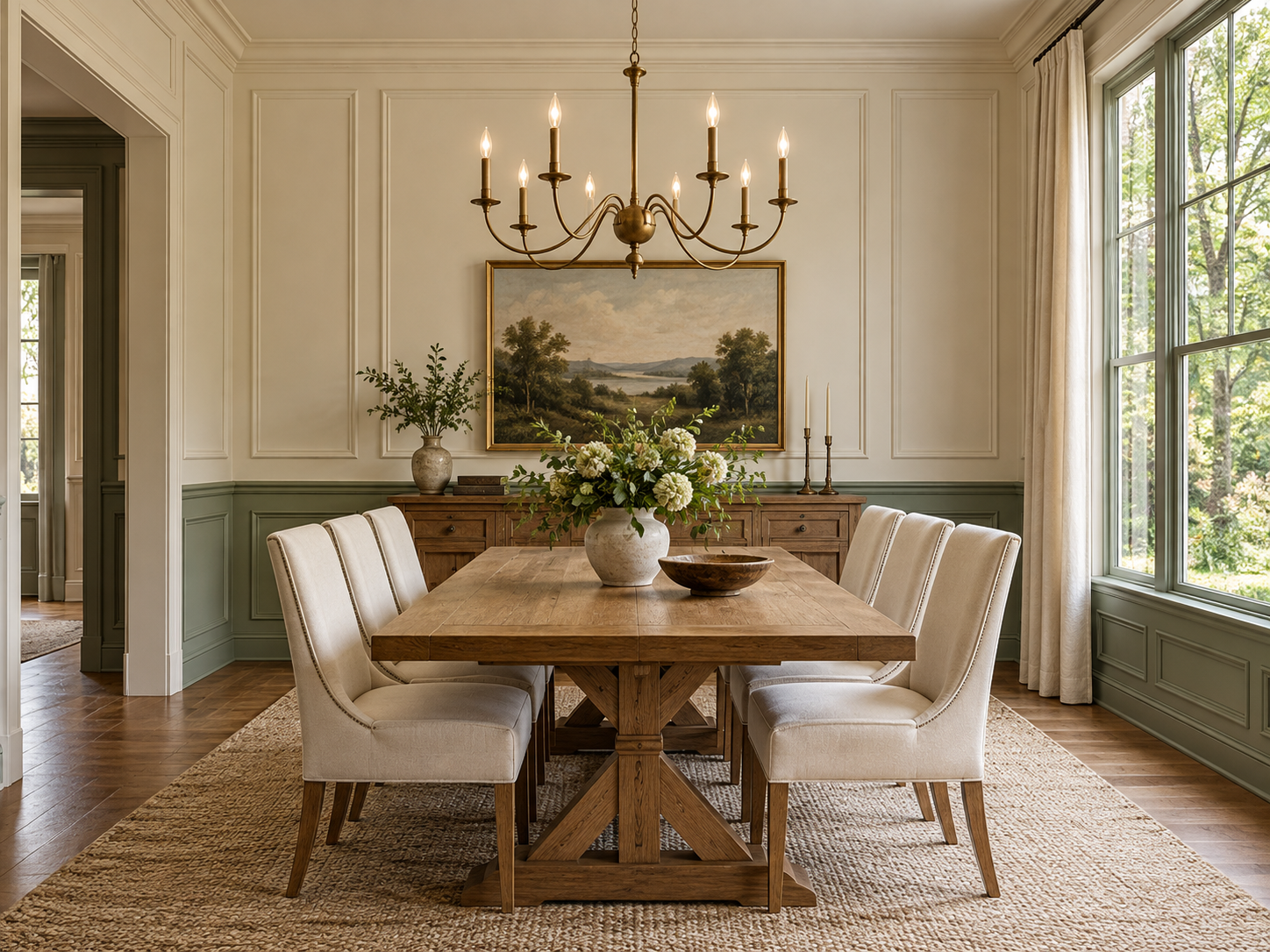 Elegant dining room with wooden table, white upholstered chairs, floral centerpiece, chandelier, landscape painting, sideboard, and large window with curtains.