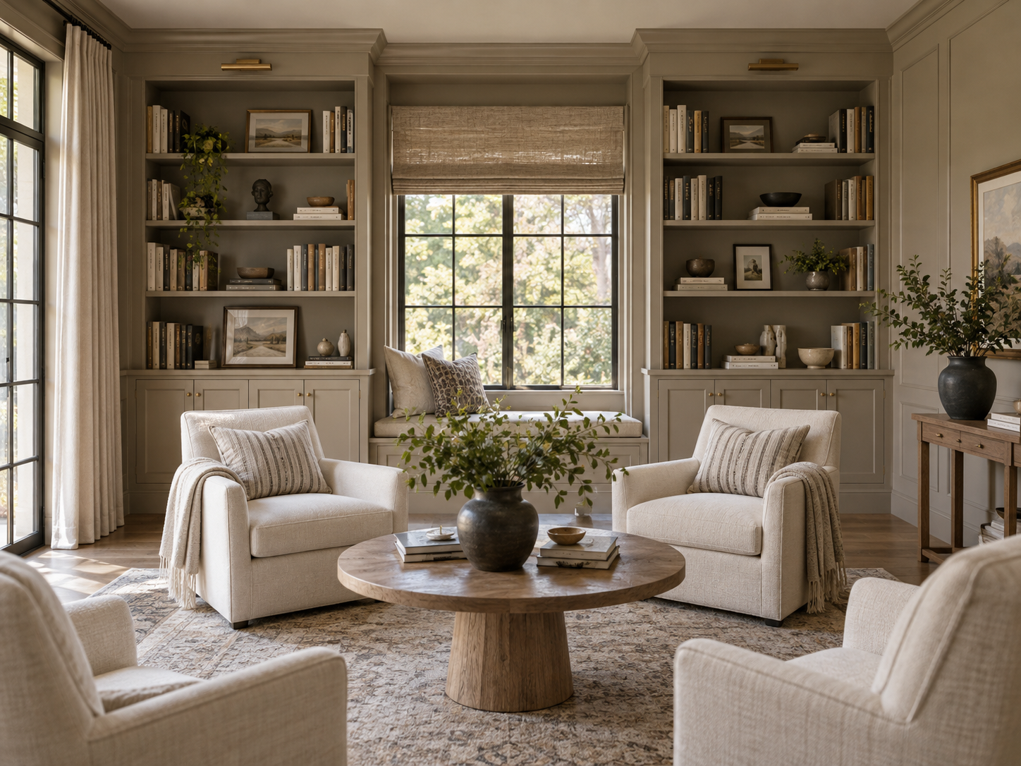 Cozy living room with cream-colored sofas and armchairs arranged in a circle around a wooden coffee table, a built-in window seat with pillows, large window with curtains, bookshelves with books and decorative items, a rug, and potted plants.