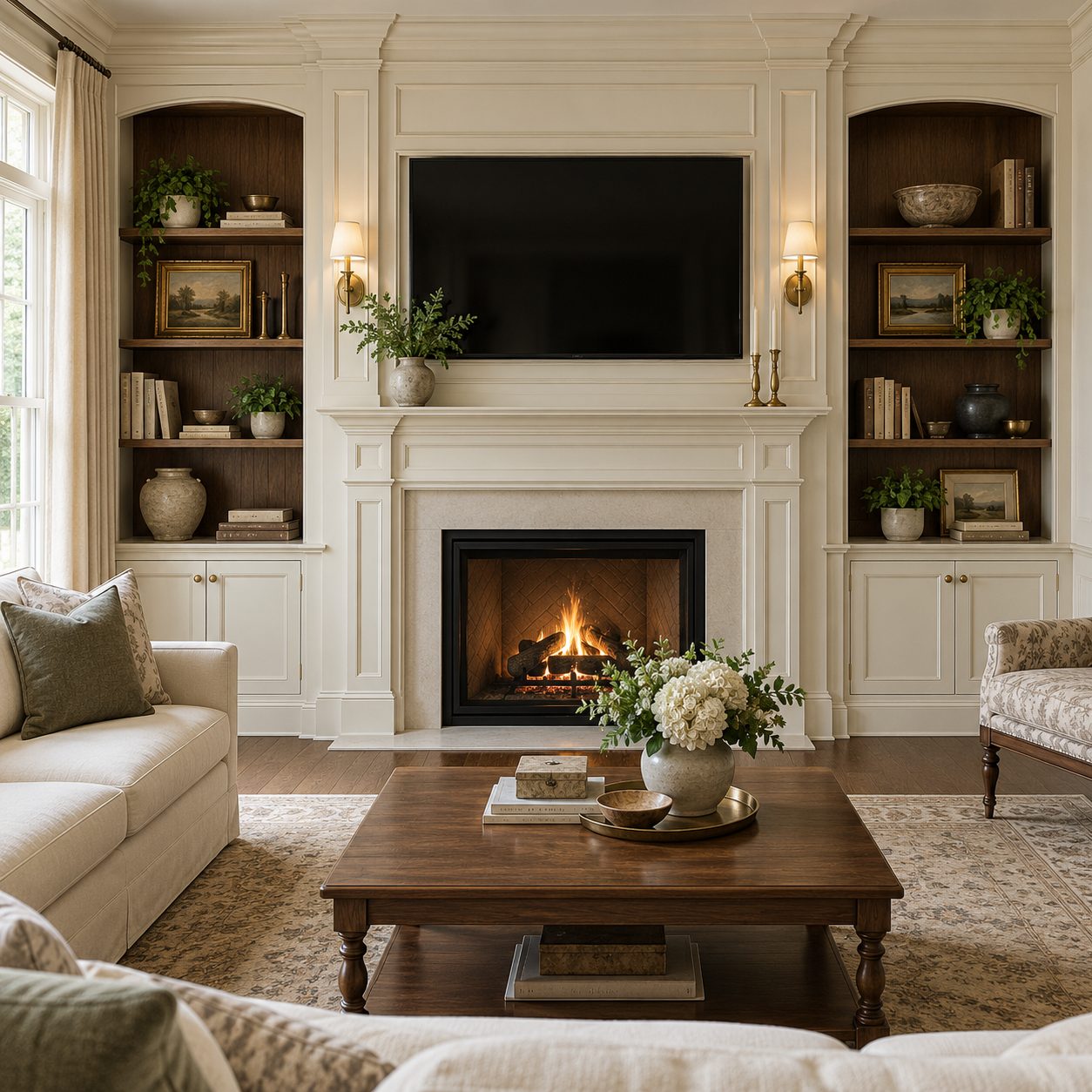 Living room with a fireplace, a mounted TV, built-in bookshelves, and beige furniture. A wooden coffee table has a vase with white flowers. Decor includes framed artwork, plants, and decorative bowls.