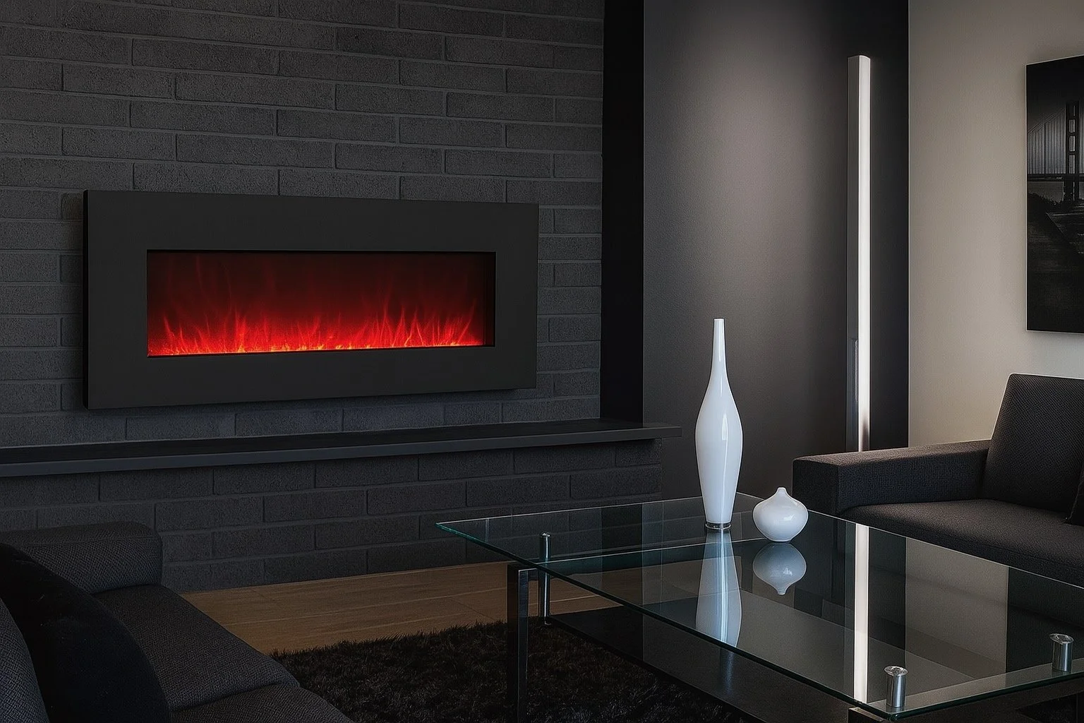Electric Fireplace in a Hi-Tech Interior with Brick Wall Surround