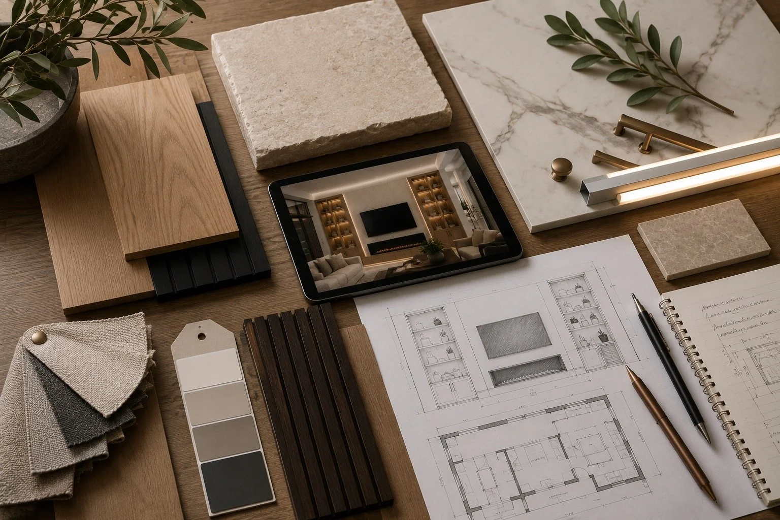 Interior design material board with wood, stone, cabinet finishes, lighting, and architectural drawings for a custom Texas feature wall