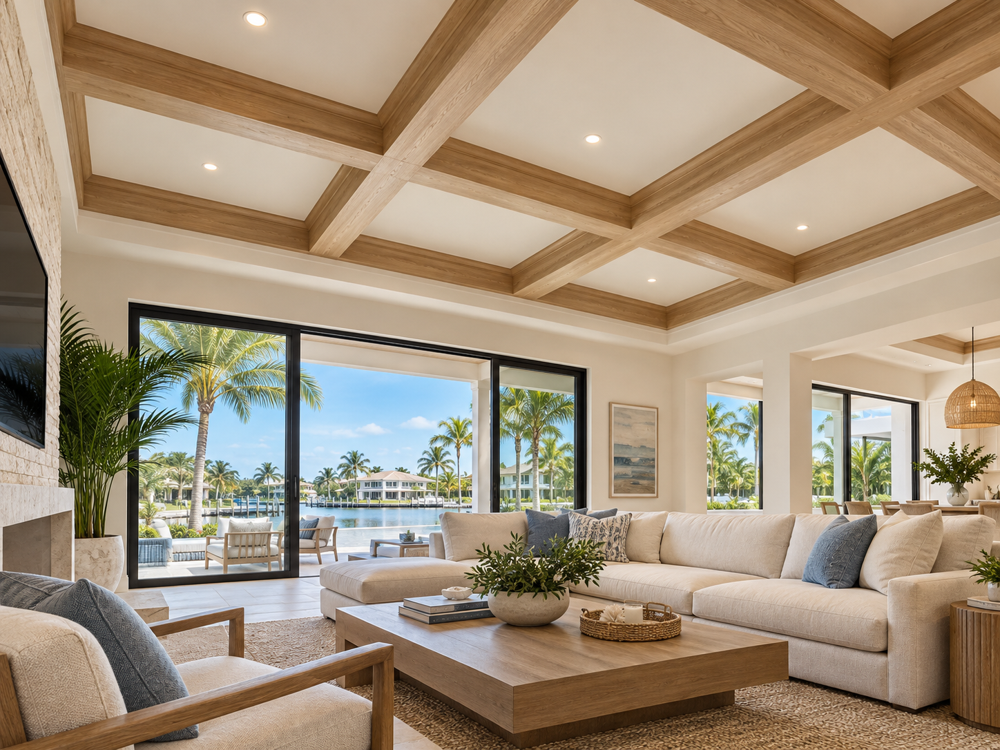 Living room with large windows and sliding glass door leading to outdoor patio overlooking a waterway with palm trees and houses, featuring a beige sectional sofa, a wooden coffee table with plants, and ceiling with wooden beams.