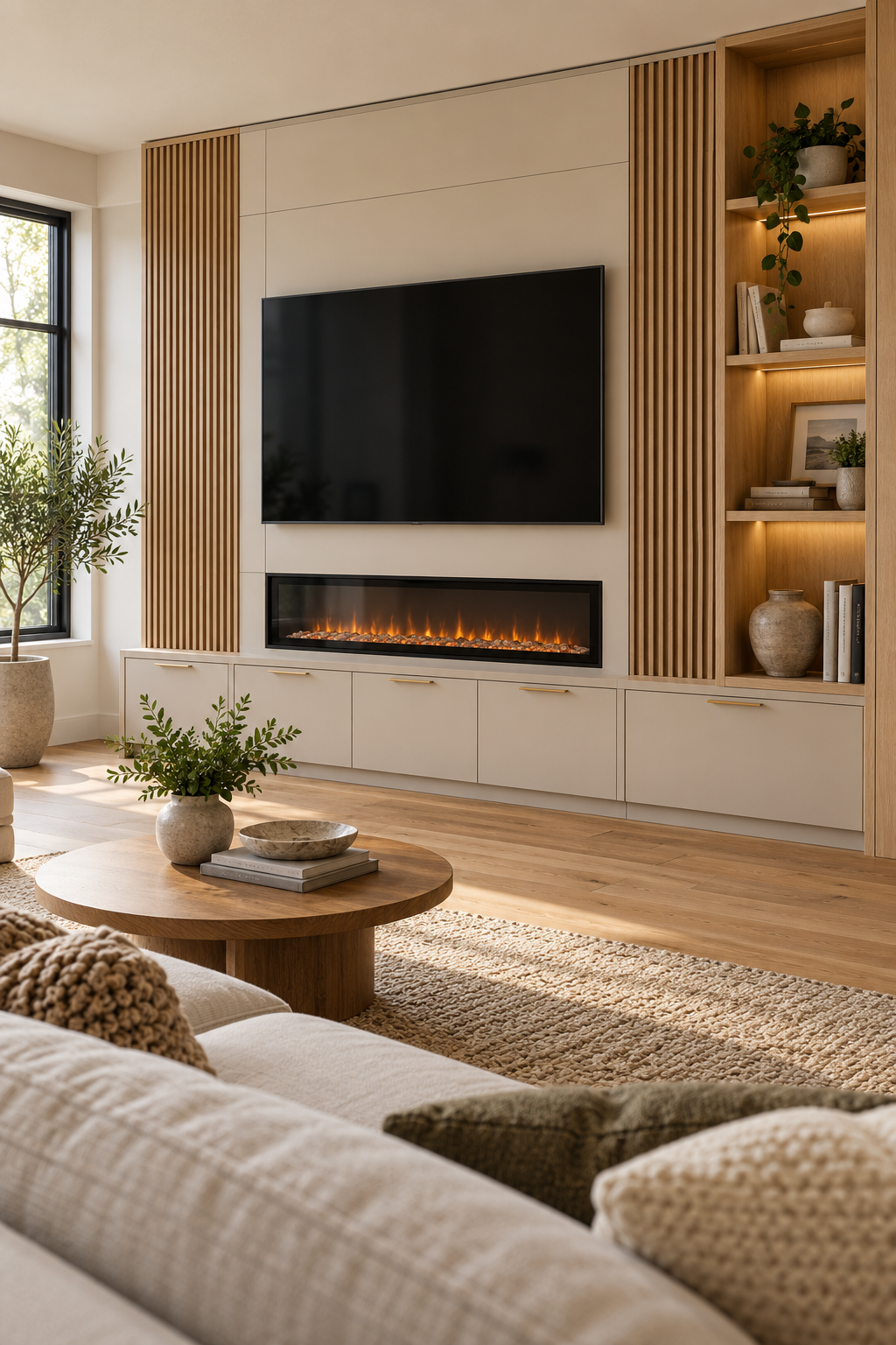 Media wall design concept with a TV, electric fireplace, oak slat accents, built-in cabinets and illuminated shelving in a cozy living room.
