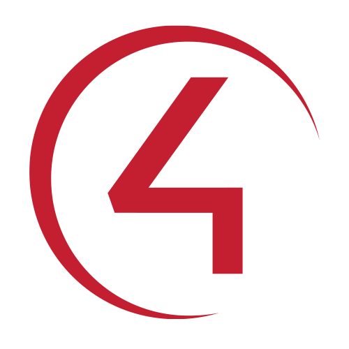 Red and black logo featuring a large number 4 inside a curved line.