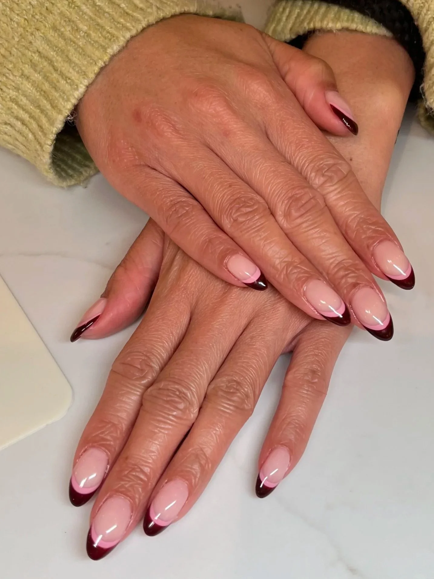 Builder Gel with a double French. Instead of using one universal pink base for our French manicures, we have a variety of "natural colors" to choose from. You can pick a base that best suits you. 