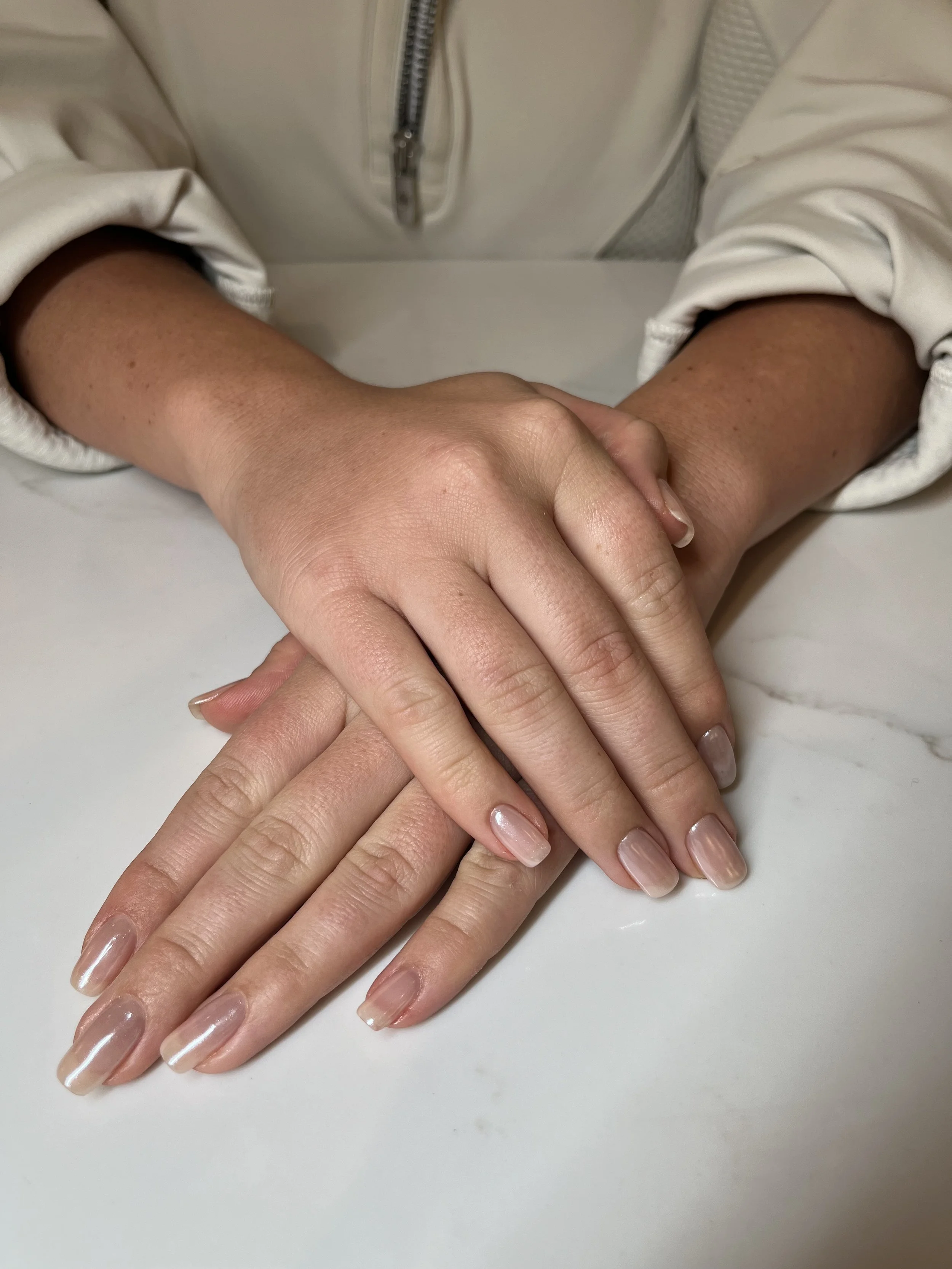 "Glass nails" using a sheer polish and a satin cat eye
