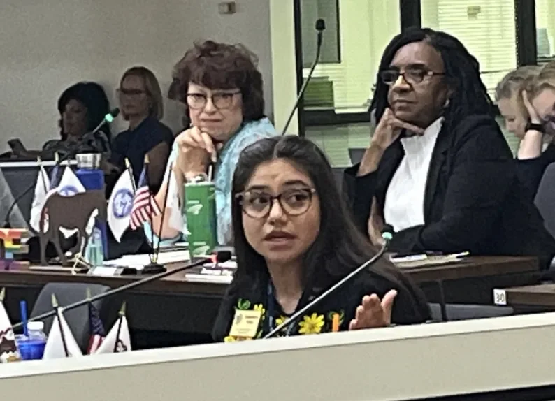 Will County Board member Destinee Ortiz, a Democrat from Romeoville, speaks out July 18, 2024, against a proposed Will County resolution. Ortiz stressed the importance immigrants have on the community. (Michelle Mullins/for the Daily Southtown)