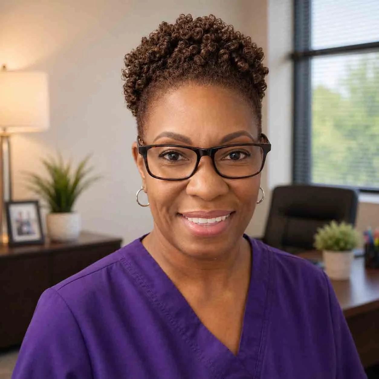 Photo of Amy Cason in a purple outfit with an office background
