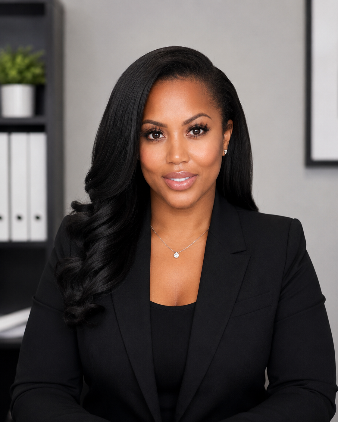 A professional woman with long black hair, wearing a black blazer and a necklace, sitting at a desk in an office with a background featuring shelves with binders and a plant.