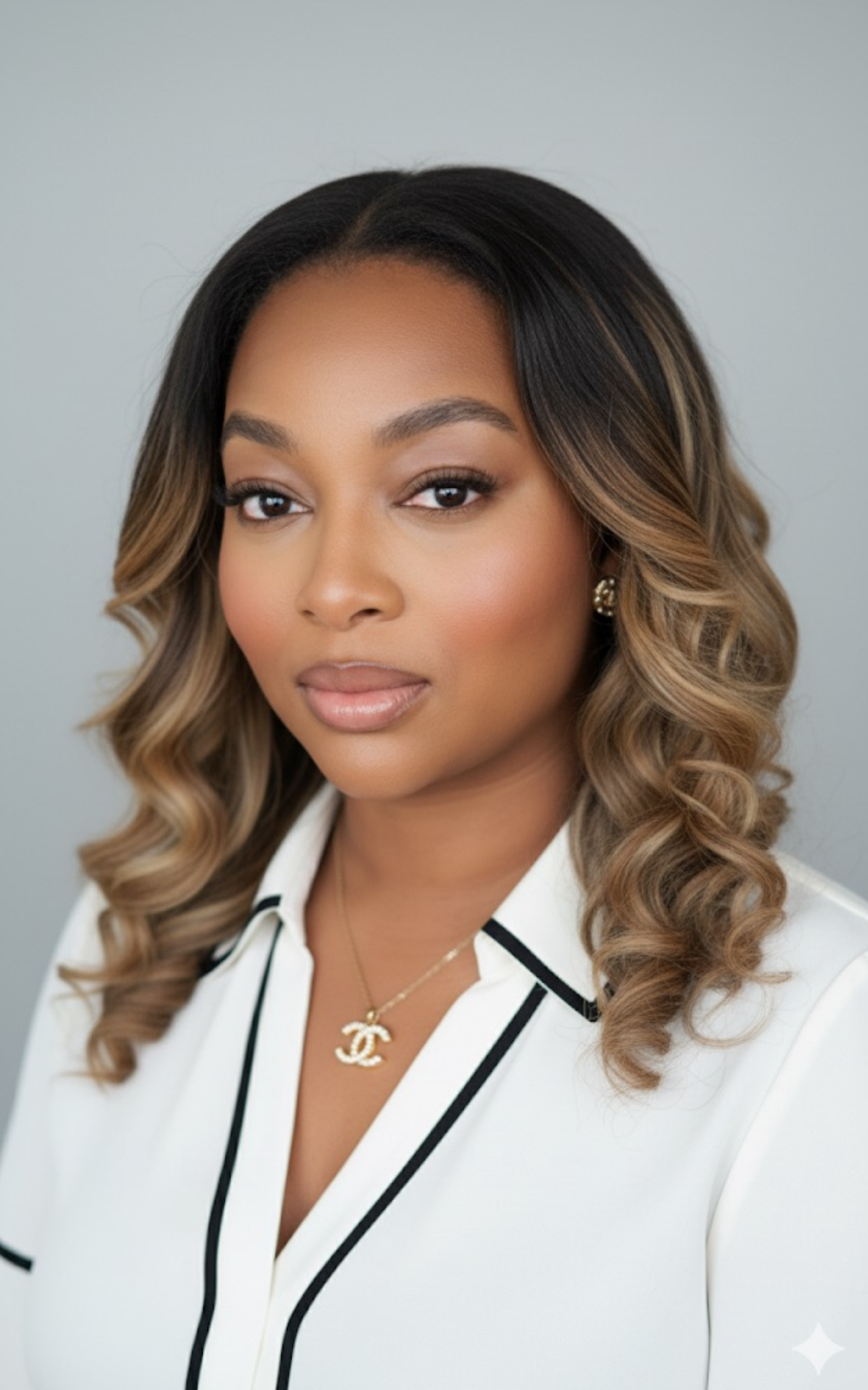 Woman against a grey background with a light smile in a white professional top