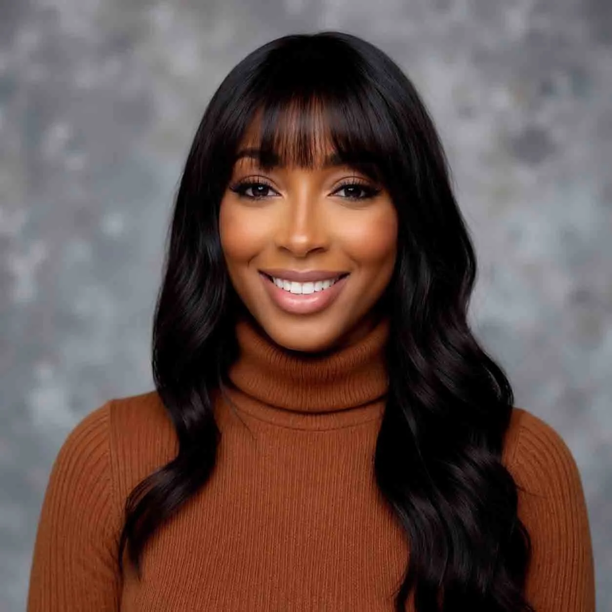 Headshot of Shakerrie Mobley with a grey blurred background while she wears an orange sweater