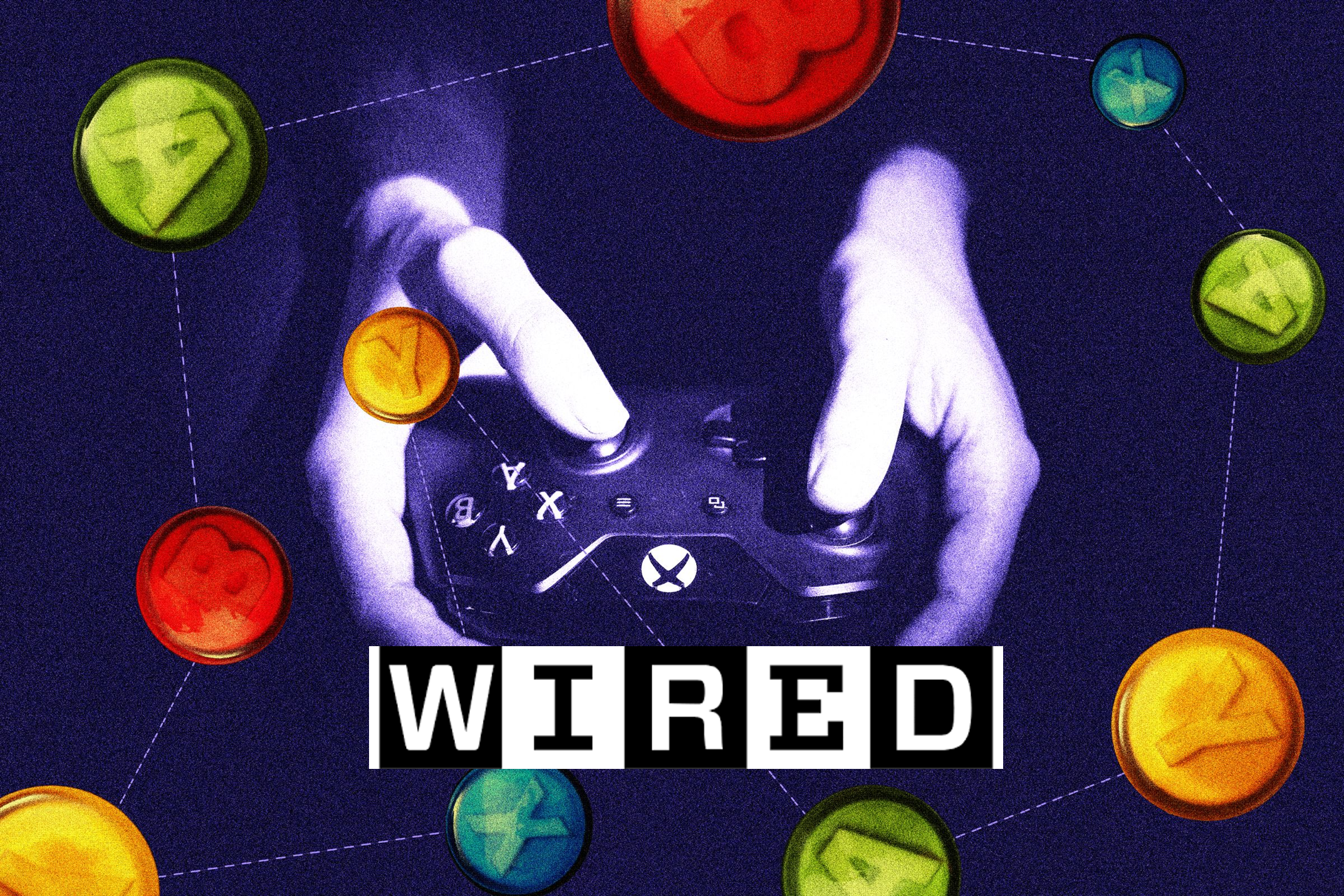 An image of hands playing a controller, artistically surrounded by buttons with the WIRED logo superimposed