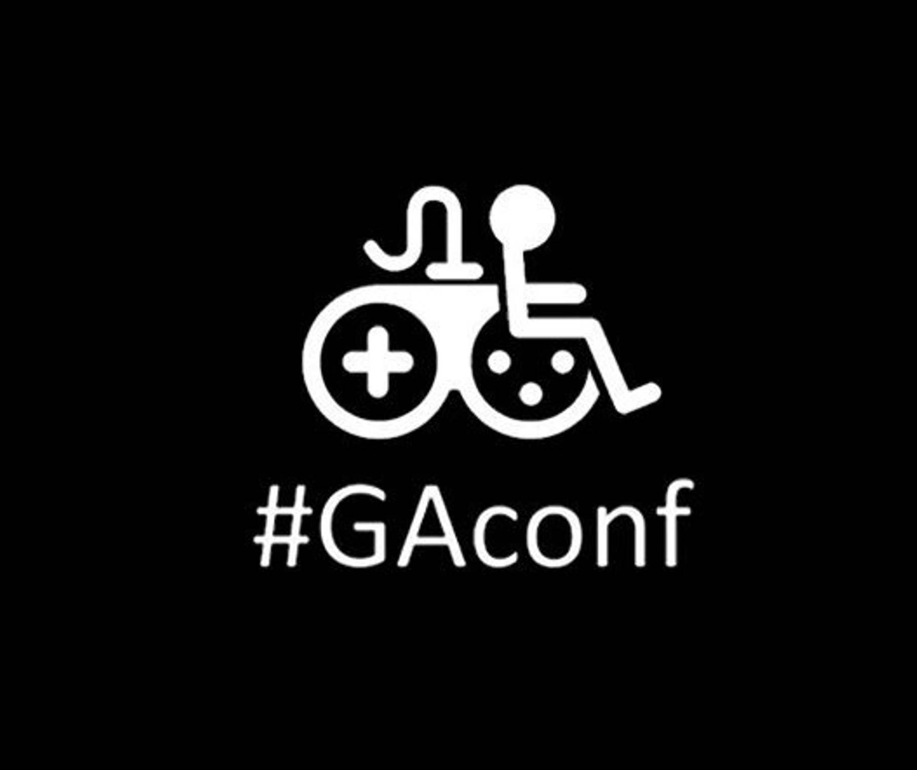 A logo combining a wheelchair and controller with the word #GAconf on a black background