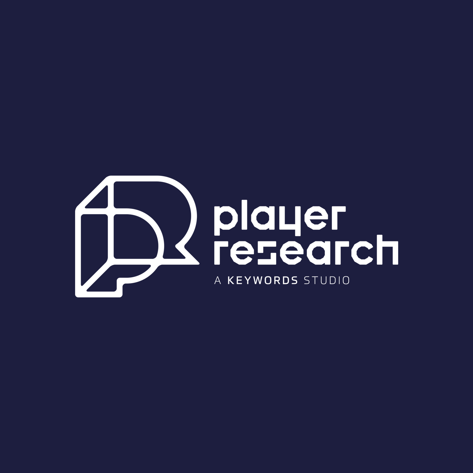 A logo and the words player research a keywords studio on a blue background