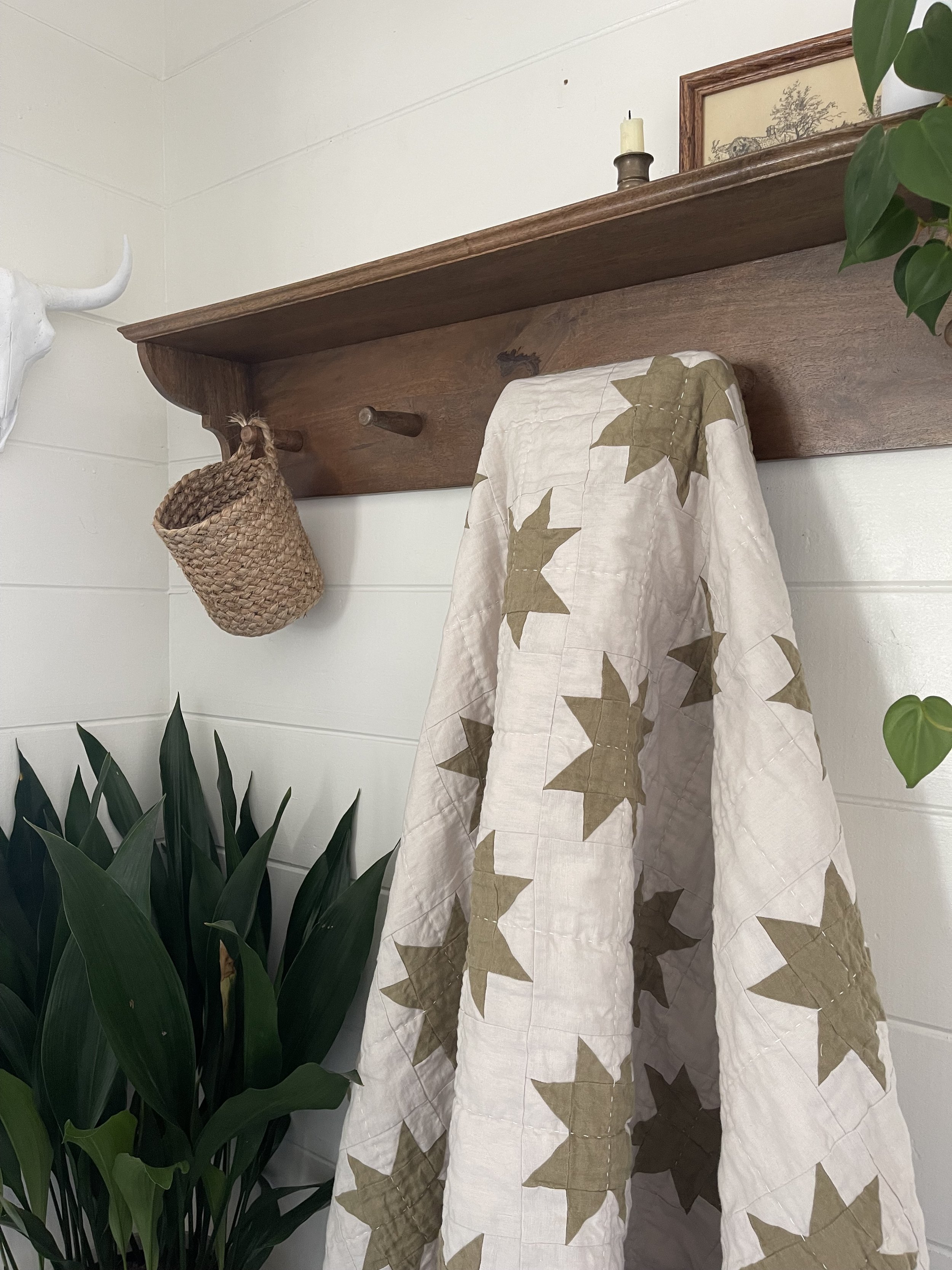 Interior corner of a room with a white wall, a wooden shelf holding a framed picture, a candle in a holder, a small black object, a white animal skull with horns, green leafy plants, a woven basket hanging from a hook, and a fabric with a star pattern draped from the shelf.