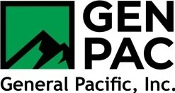 Logo of Generac Power Systems featuring a green square with a black stylized mountain and lightning bolt, and the company name 'GEN PAC' in bold black letters with 'General Pacific, Inc.' below.