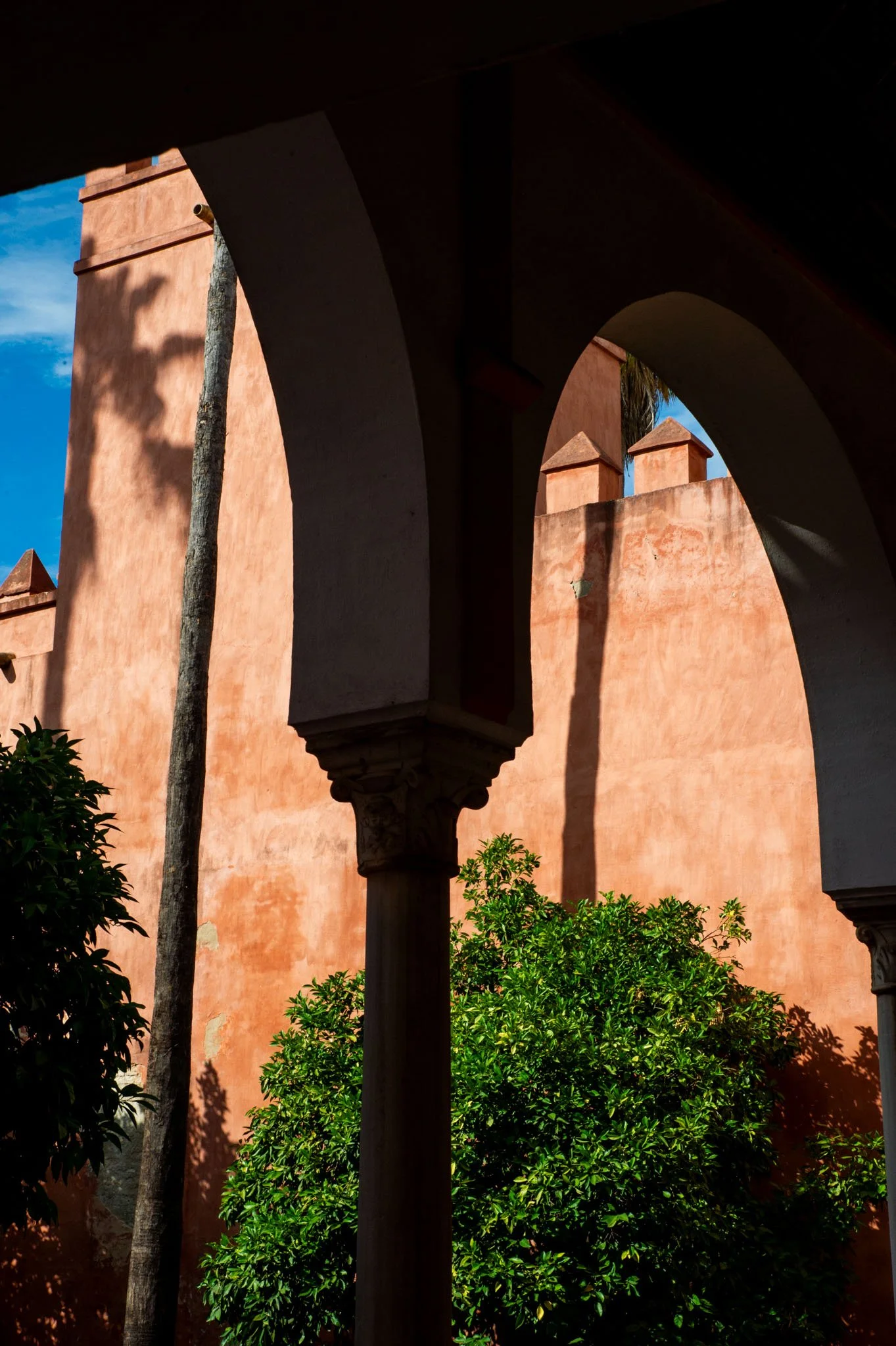 View of a pink stucco wall with arches and a column, with greenery and a tall tree in the foreground, and a clear blue sky with some clouds in the background.