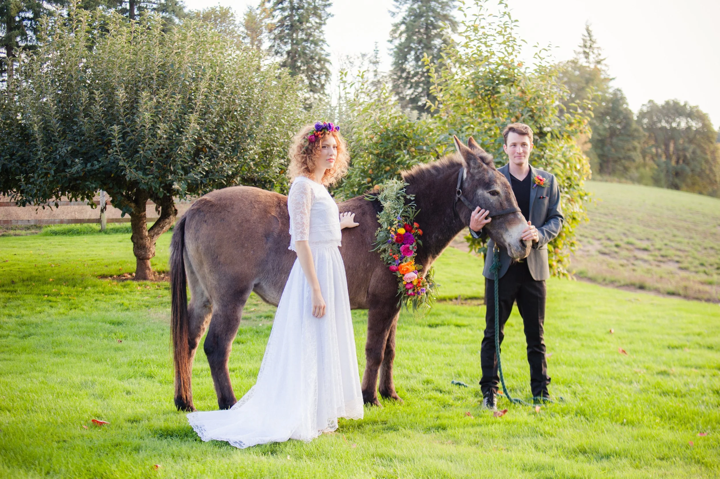 A bride and groom in wedding attire standing beside a decorated horse in a grassy outdoor setting with trees.