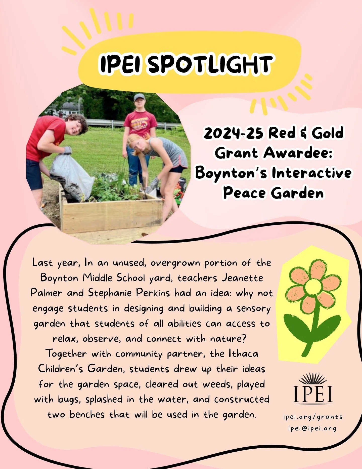 ✨ Check out this week's IPEI Spotlight! 🌟

During the 2024&ndash;2025 Grant Cycle, Boynton Middle School teachers Jeanette Palmer and Stephanie Perkins teamed up to create a super cool interactive peace garden, providing students with an alternative