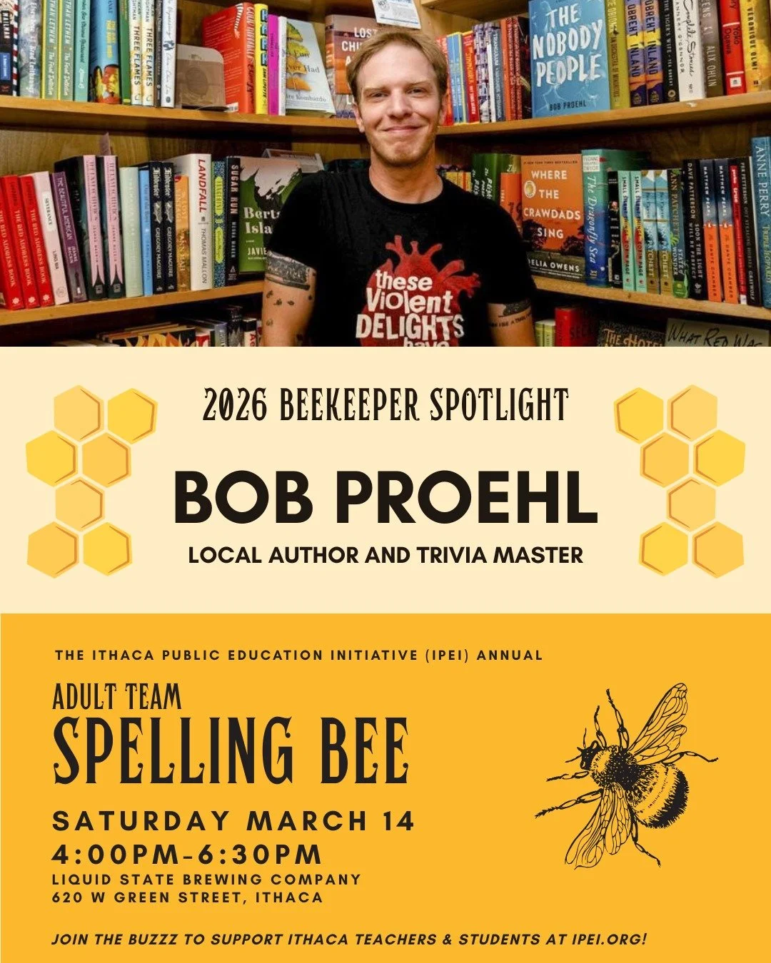 @bobproehl returns as a "sweet" Beekeeper for the 2026 IPEI Adult Team Spelling Bee 🍯🐝. Beekeepers tend to our "hive" teams, ensuring that they follow the rules (no cell phones please!).

We still have a few remaining spots for 