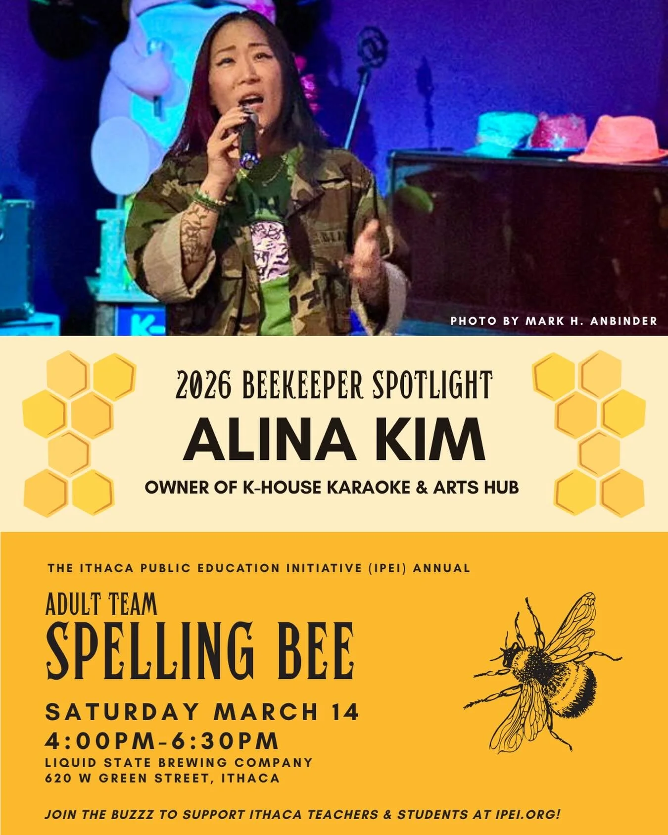 We are simply bee-yond thrilled to announce another new Beekeeper for our 2026 Spelling Bee @alinakim23 ! Alina is the owner of @khousekaraoke and we hope that she will grab a mic and grace us with her singing at the Karaoke for a Cause after party a